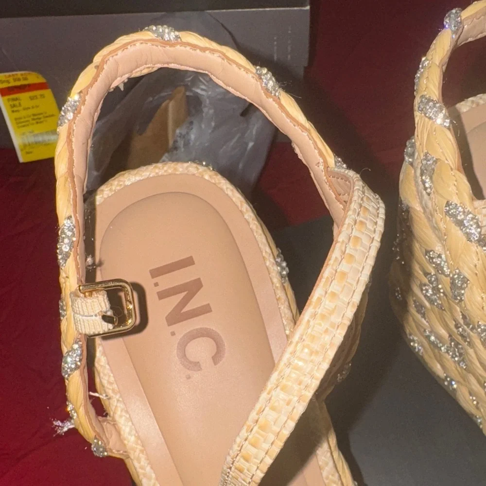 INC International Concepts Tan and Silver Woven Wedges